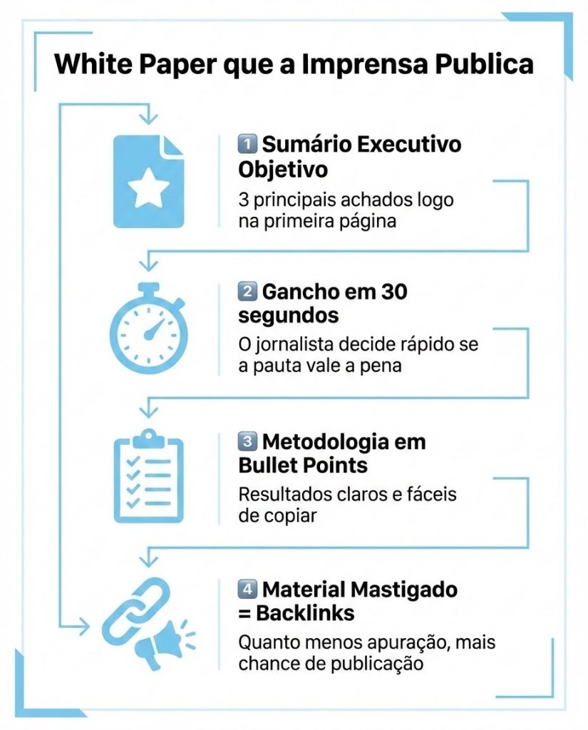 Infográfico em estilo plano mostrando um plano estratégico de white paper para imprensa, com quatro etapas: sumário executivo com três achados principais, gancho em 30 segundos para jornalistas, metodologia em bullet points e material otimizado para gerar backlinks. Visual corporativo nas cores preto, branco e azul claro, com ícones de documento, cronômetro, checklist e link.