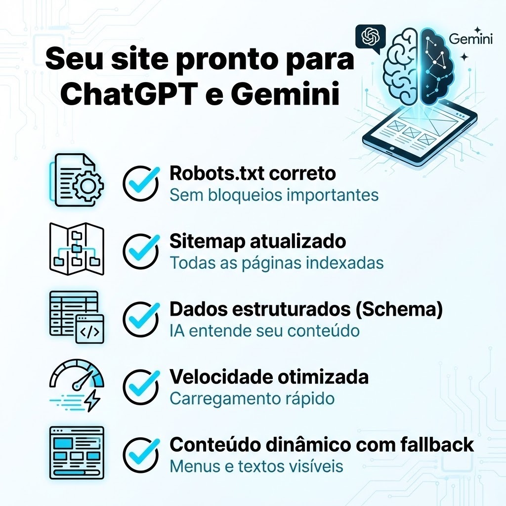 infográfico publicitário ou explicativo com o título principal "Seu site pronto para ChatGPT e Gemini". O objetivo do material é listar um checklist de otimizações técnicas necessárias para que um site seja lido e interpretado corretamente por ferramentas de inteligência artificial.