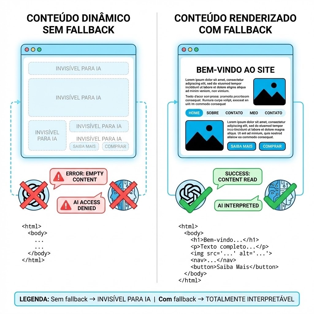 infográfico comparativo focado em desenvolvimento web e acessibilidade para inteligência artificial. O diagrama explica a diferença na leitura de um site por robôs de IA quando há ou não uma alternativa de carregamento estável (fallback).