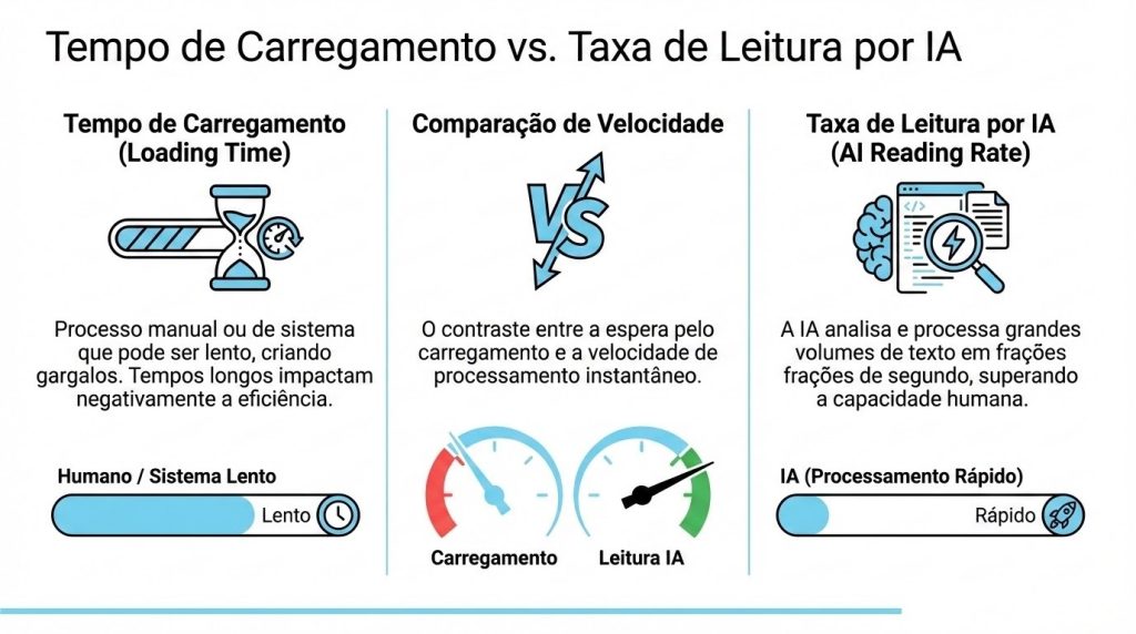 consiste em um infográfico explicativo intitulado "Tempo de Carregamento vs. Taxa de Leitura por IA", produzido pela marca "SEARCH ONE DIGITAL" (cujo logotipo aparece no topo). O diagrama aborda o impacto da velocidade de um site na capacidade de processamento de uma inteligência artificial.