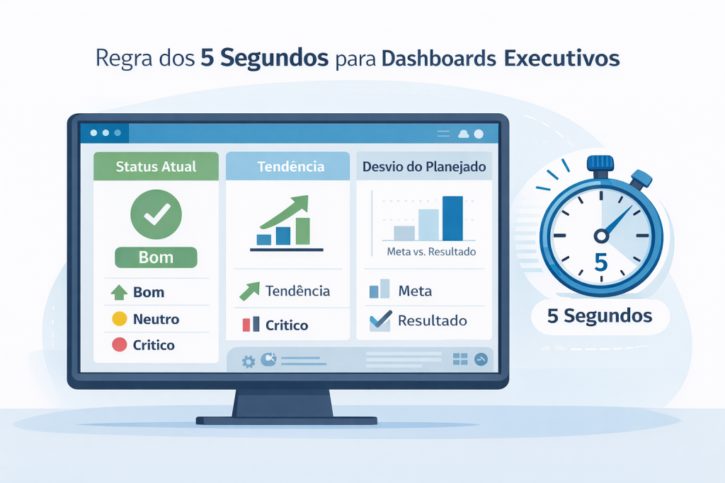 Ilustração de dashboard executivo simples mostrando status do negócio, tendência de desempenho e desvio em relação às metas, com cronômetro de 5 segundos indicando leitura rápida para tomada de decisão baseada em dados.