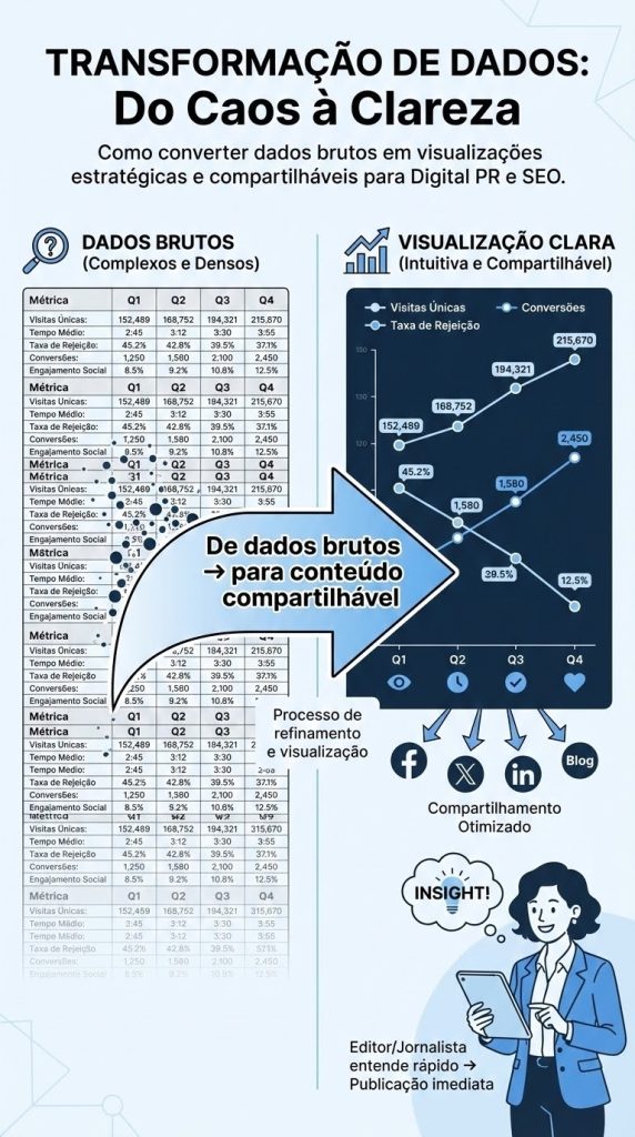 Infográfico comparativo mostrando a transformação de uma tabela complexa cheia de números em um gráfico simples e intuitivo, com seta central indicando “de dados brutos para conteúdo compartilhável”. Do lado do gráfico, aparecem ícones de redes sociais e blogs, simbolizando compartilhamento e backlinks. Visual corporativo nas cores preto, branco e azul claro, com estilo B2B e foco em autoridade e clareza.