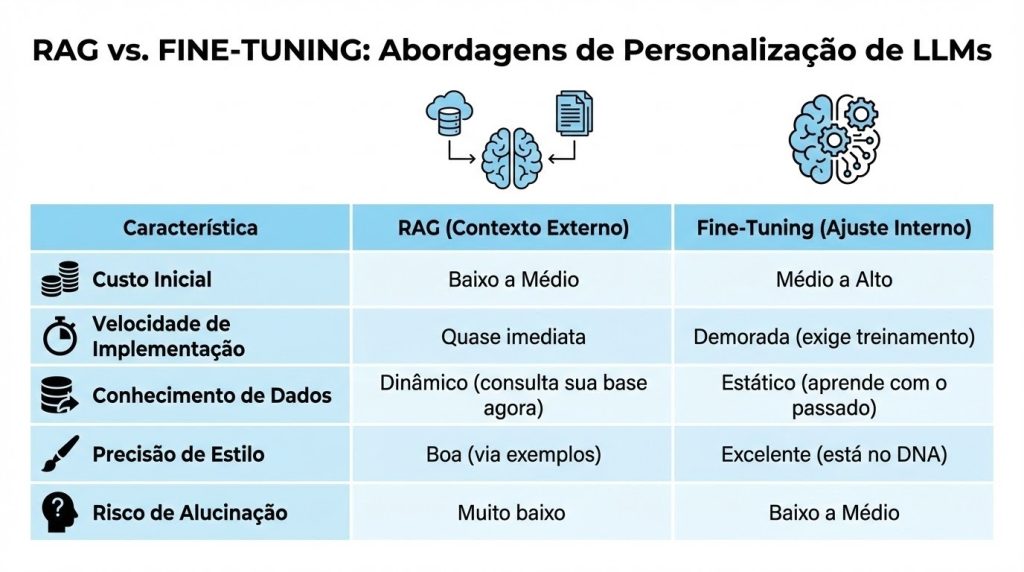 Tabela comparativa entre RAG e Fine-Tuning mostrando diferenças em: objetivo, como funciona, tipo de dado usado, quando usar, nível de personalização, custo de implementação, tempo para colocar em produção e impacto na voz da marca.
Os leitores deste arquivo têm acesso aos comentários e às sugestões

