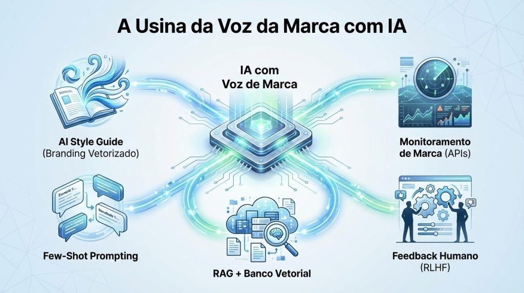 Infográfico que mostra uma “usina” de IA no centro, representando a voz da marca, conectada por fluxos de energia a cinco módulos: AI Style Guide, Few-Shot Prompting, RAG com banco vetorial, feedback humano (RLHF) e monitoramento de marca por APIs, ilustrando um ecossistema contínuo que transforma estratégia em conteúdo com identidade.
