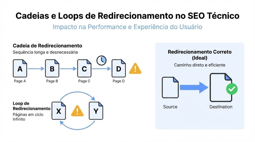Ilustração em estilo flat mostrando cadeias e loops de redirecionamento em SEO: à esquerda, páginas conectadas em sequência com ícone de alerta indicando lentidão; abaixo, duas páginas em loop circular; à direita, uma URL final com caminho direto e ícone de check, representando navegação otimizada e boa experiência do usuário.