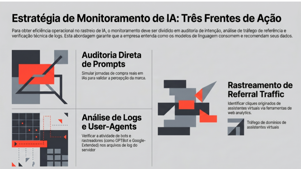 Trata-se de um infográfico explicativo com um design corporativo e moderno sobre fundo cinza-claro. O título principal no topo diz "Estratégia de Monitoramento de IA: Três Frentes de Ação". Logo abaixo, há um texto introdutório que contextualiza a importância de dividir o rastreio em auditoria de intenção, análise de tráfego de referência e verificação técnica de logs.