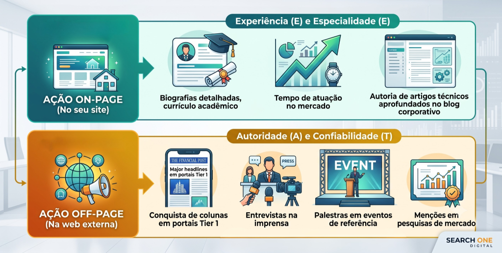 O infográfico ilustra como construir autoridade digital dividindo as ações entre SEO On-Page e Off-Page, relacionando-as aos pilares do E-E-A-T (Experience, Expertise, Authoritativeness, Trustworthiness).