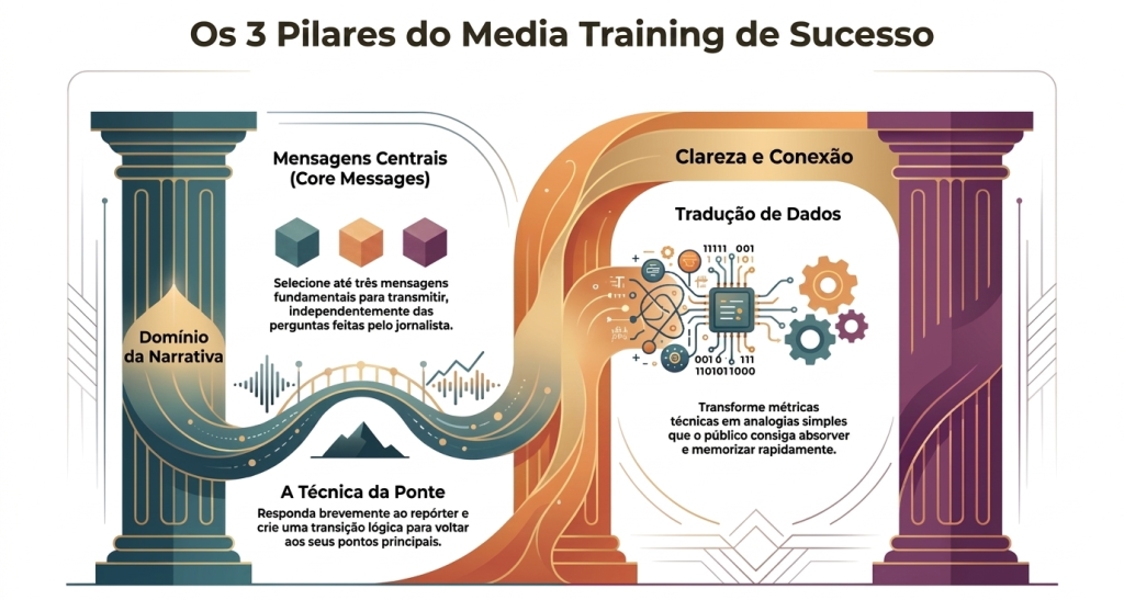 A imagem apresenta um infográfico sobre os três pilares de um media training de sucesso, utilizando um design moderno com duas colunas clássicas conectadas por faixas curvas em tons de azul, dourado, laranja e roxo, simbolizando integração e continuidade.
