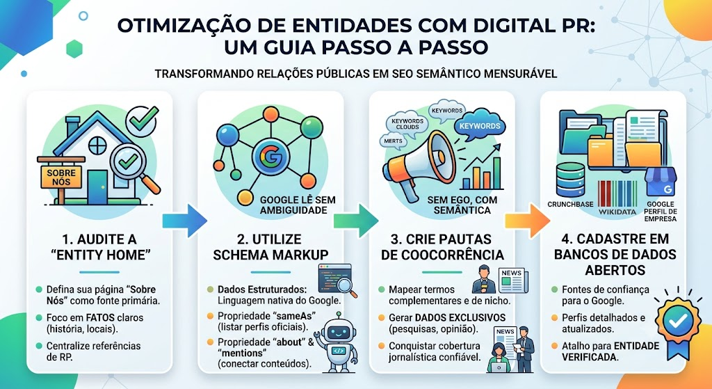 infográfico apresenta um guia em quatro etapas para utilizar Digital PR como estratégia de SEO semântico.

Título: Otimização de Entidades com Digital PR: Um Guia Passo a Passo.

O fluxo é organizado em quatro blocos conectados por setas coloridas.