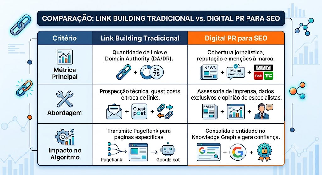O infográfico compara lado a lado as estratégias de Link Building Tradicional e Digital PR para SEO, utilizando uma tabela dividida em três critérios principais.