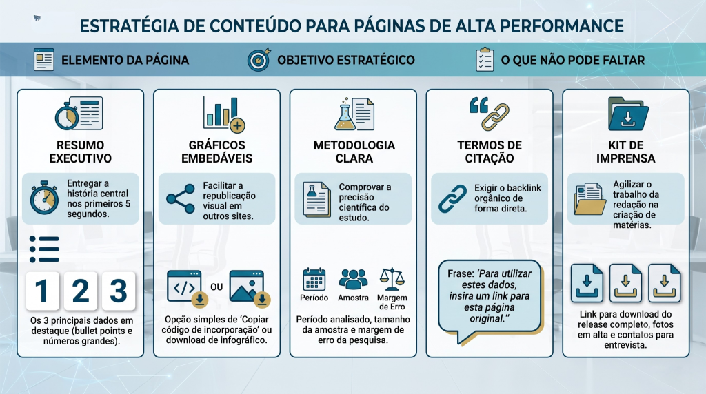 Este infográfico apresenta os cinco pilares essenciais para estruturar uma página ou artigo focado em gerar "Link Earning" (conectar-se com o conceito da primeira imagem, criando conteúdos altamente linkáveis).