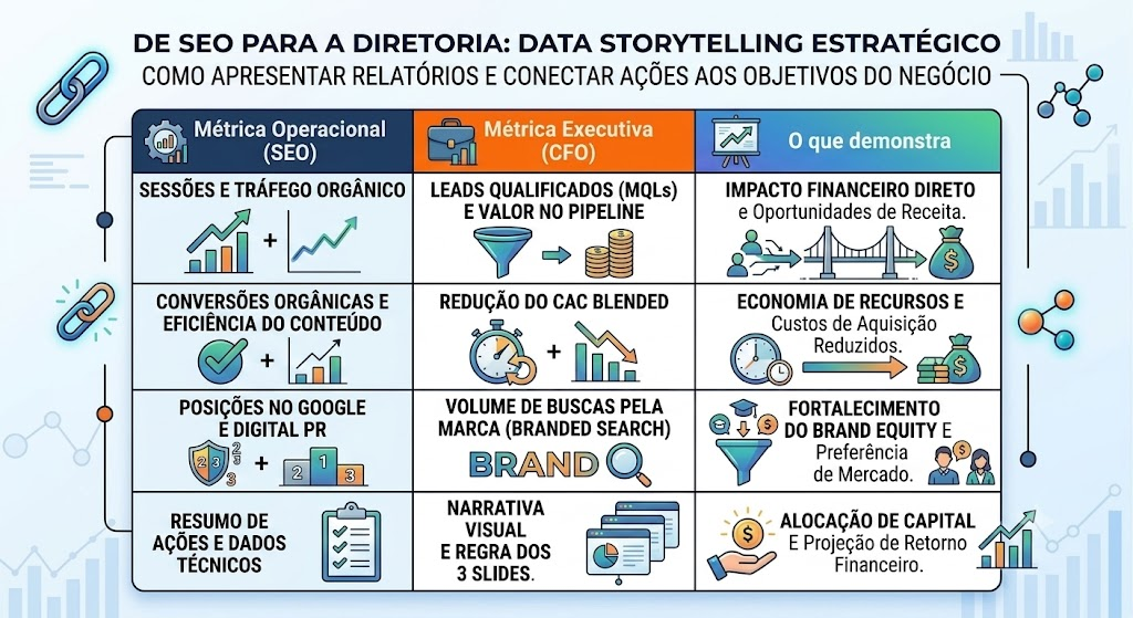 Este infográfico foca em como utilizar dados estrategicamente para conectar ações cotidianas de SEO aos objetivos macros da empresa.