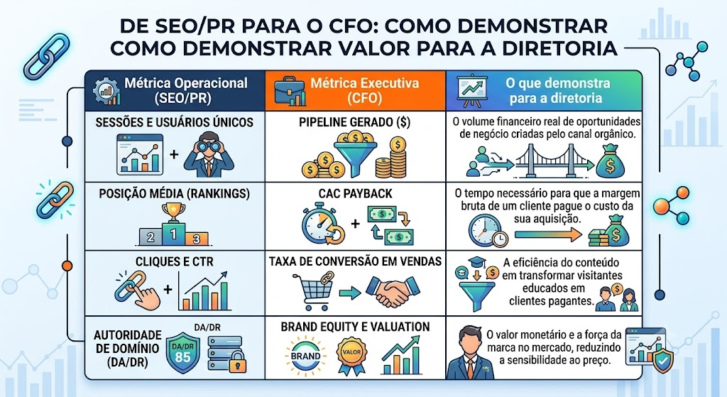 Este infográfico possui uma tabela principal dividida em 3 colunas que correlacionam o trabalho técnico de marketing com a visão executiva e seu impacto real no negócio.
