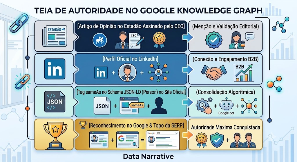Este infográfico apresenta um fluxo em 4 etapas conectadas por elos/links que mostram o processo de validação de autoridade perante o Google.