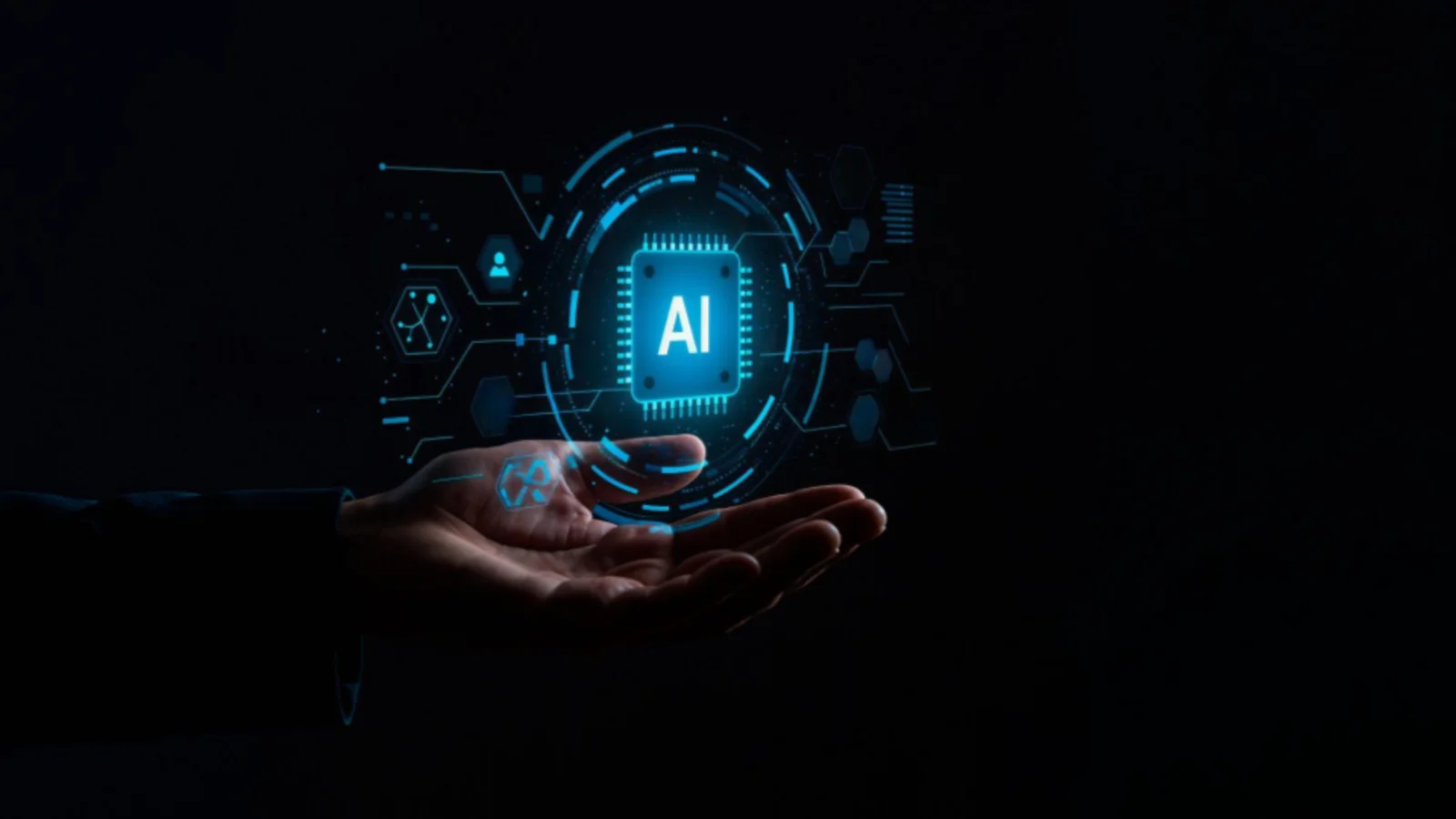 A imagem apresenta uma representação visual concetual de Inteligência Artificial (IA) e tecnologia futurista sobre um fundo escuro.